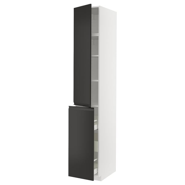 Modern floor-to-ceiling black and white cabinet with adjustable shelves and integrated handles.