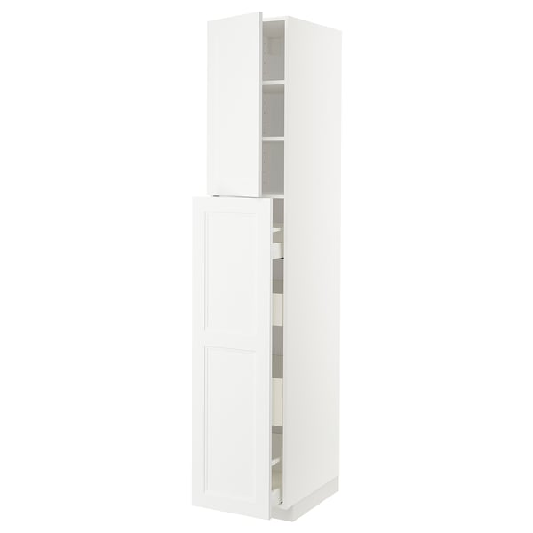 A white METOD kitchen cabinet with two open doors. Its tall, rectangular, and has a sleek, modern design.