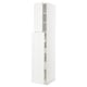 A white METOD kitchen cabinet with two open doors. Its tall, rectangular, and has a sleek, modern design.