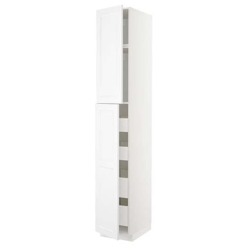 White METOD kitchen cabinet with multiple shelves. Modern design, glossy finish, full-height.