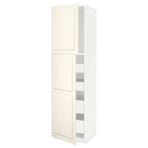 A white METOD kitchen cabinet with beveled edges and shelves. The cabinet is rectangular, standing upright, and has a traditional design.