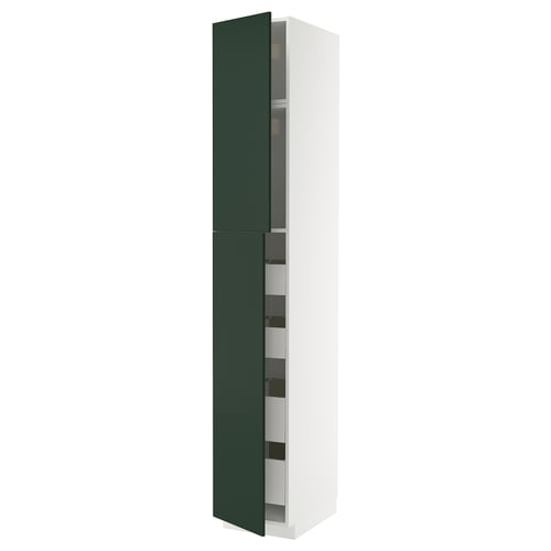 Green METOD kitchen cabinet with white frame and internal shelves.