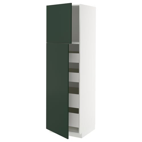 Green and white cabinet with pull-out shelves.