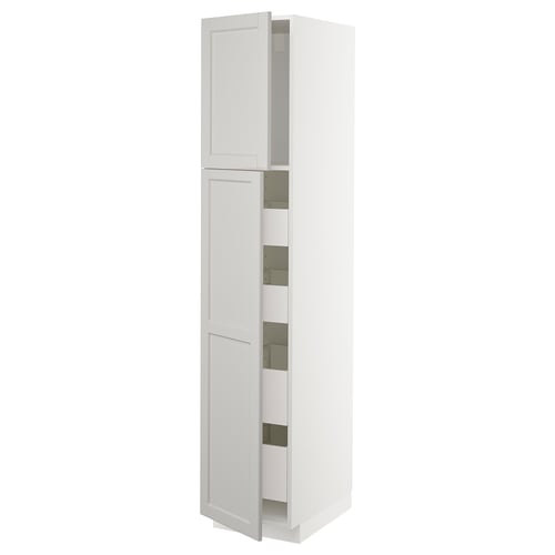 Ikea METOD kitchen cabinet in light grey with bevelled edges and two open shelves.