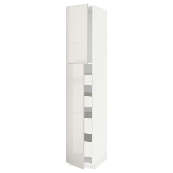 A white high cabinet from ikeas METOD kitchen system, featuring multiple shelves behind a glass door.