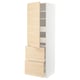 Modern white cabinet with light wooden drawers and door. Tall, rectangular, minimalist design.