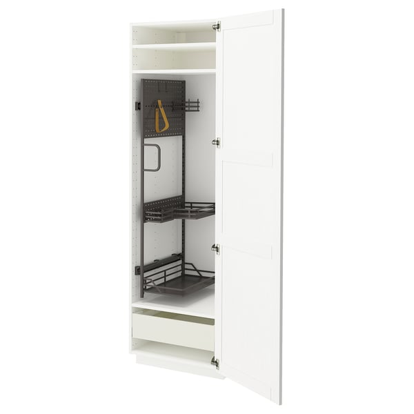 Open white METOD cabinet, black shelves, drawer with handle.