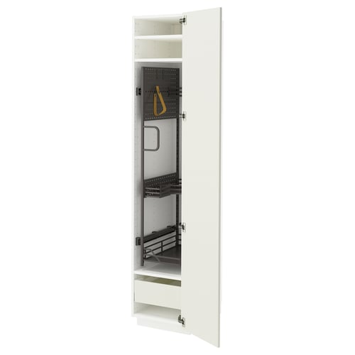 White METOD kitchen cabinet with pull-out drawer and adjustable shelf.