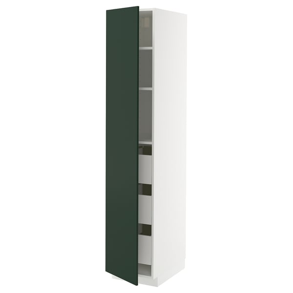 METOD kitchen cabinet, tall white with dark green door, adjustable shelves, left or right hinge.