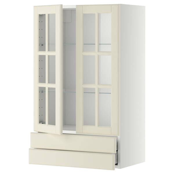 Ivory METOD kitchen cabinet with glass doors and drawer, modern design.