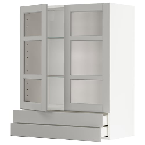 METOD light grey glass-door cabinet with drawers.