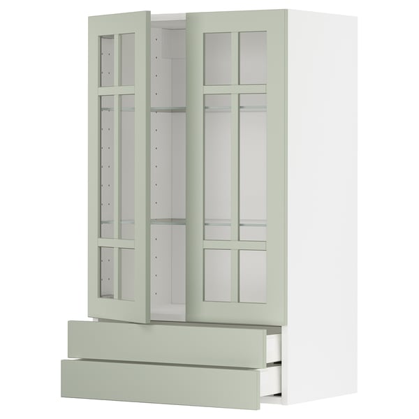METOD kitchen unit in green with glass doors, cabinets, and drawers, white background.