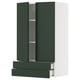 Modern green kitchen cabinet with 2 drawers and shelves.