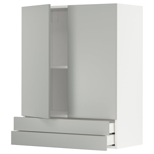 Modern white wall cabinet with two slider doors and two drawers.