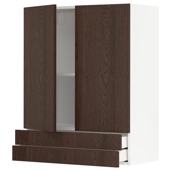 Modern kitchen unit with dark brown sinarp oak veneer doors and solid wood edging, two shelves, and adjustable shelf inside.