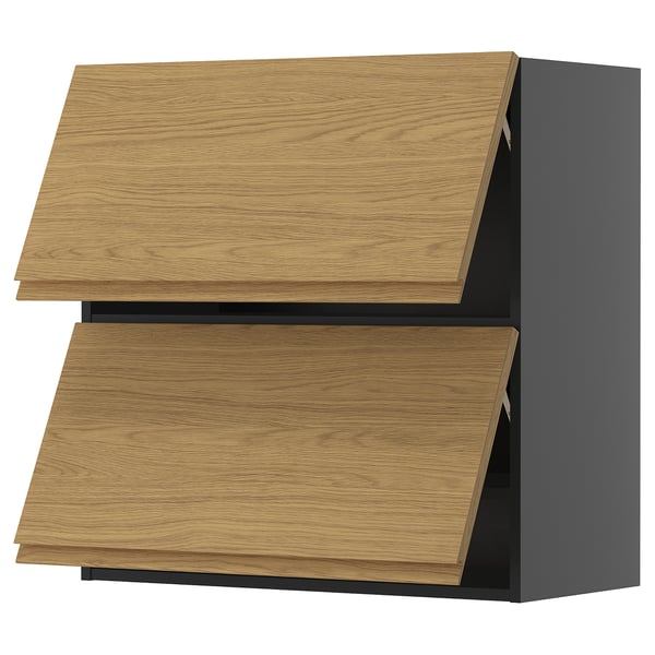A minimalist METOD kitchen cabinet in gray with oak-style front panels and integrated handles.