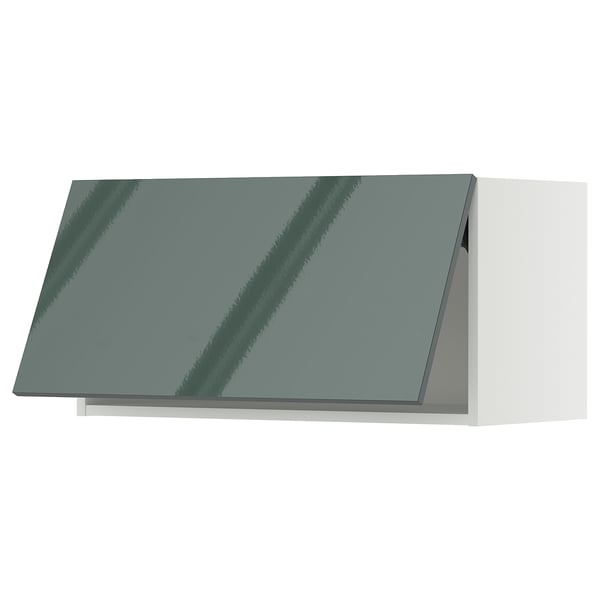 Modern grey-green glossy kitchen cabinet with sleek, rectangular design and polished edges.