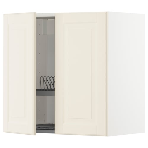METOD off-white kitchen cabinet, wall-mounted with bevelled edges and adjustable shelf, open left door.