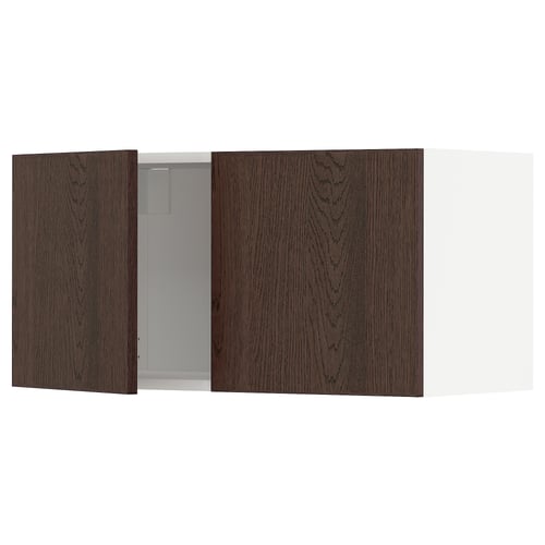 Brown kitchen cabinet with glass door.