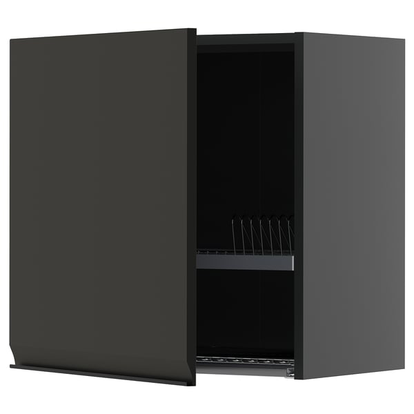 METOD black kitchen cabinet with wire dish drainer and adjustable shelf.