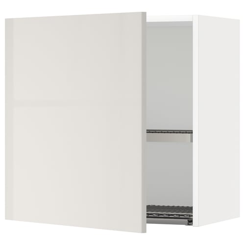 A white METOD kitchen wall cabinet with a high-gloss finish and a built-in dish drainer. The cabinet is rectangular in shape and has a modern design.