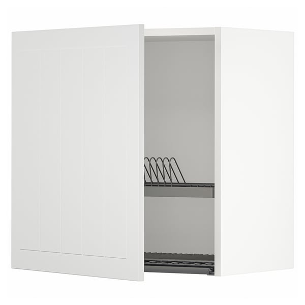 METOD kitchen unit: white cabinet with adjustable shelf, steel dish drainer.