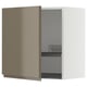 A modern kitchen cabinet with high-gloss dark grey-brown doors and a stainless steel interior, featuring a built-in wire dish drainer.