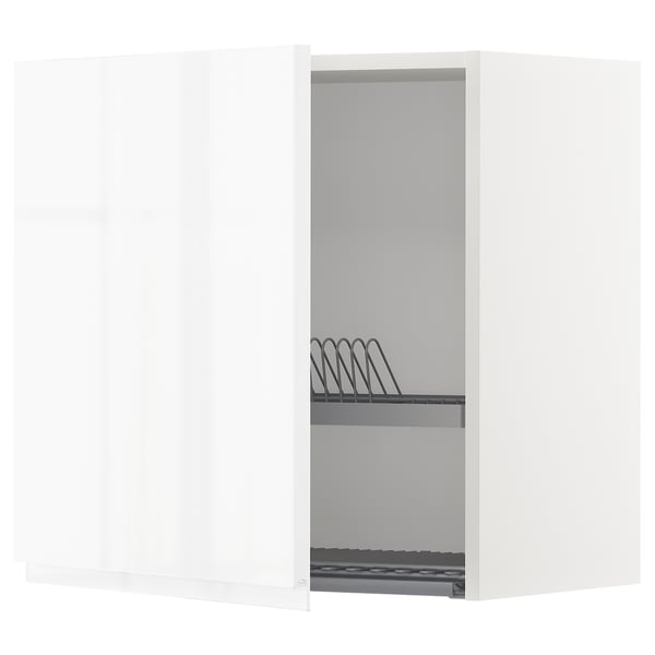 A white METOD kitchen cabinet with a black wire dish drainer inside, mounted on the right side.