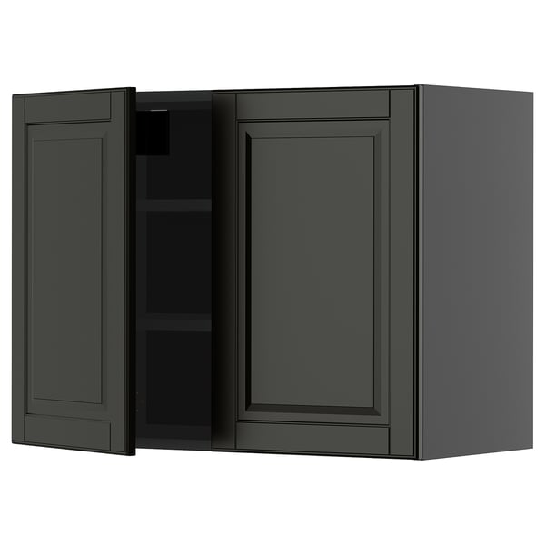 Dark grey wall-mounted kitchen cabinet with two doors, one adjustable shelf, and bevelled edges.