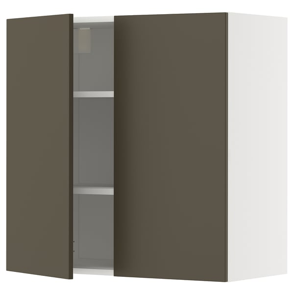 Modern dark kitchen cabinet with one open door, 2 shelves, dark brown/beige color, rectangle shape.
