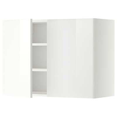 White modern kitchen cabinet with adjustable shelves, sleek glossy finish, and contemporary design.