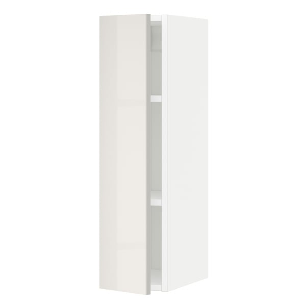 A tall, grey high-gloss white cabinet from the METOD kitchen system. It a sleek, modern design with a single door and clean lines.