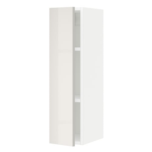 A tall, grey high-gloss white cabinet from the METOD kitchen system. It a sleek, modern design with a single door and clean lines.