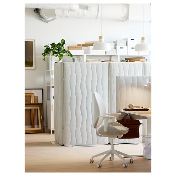 Acoustic screen, MITTZON, white, wooden core, wool cover, sand ripple pattern.