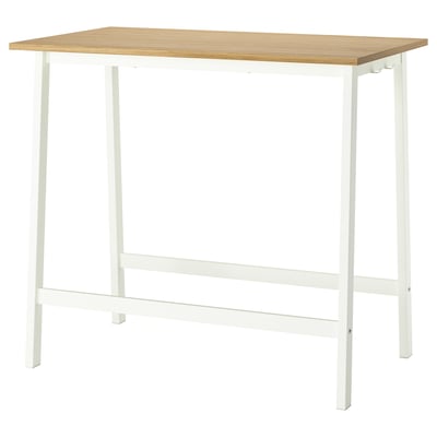 MITTZON: white rectangular conference table with oak top, standing/sitting space, metal legs, & footrest.