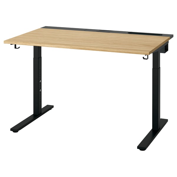 MITTZON desk, light wood top, black legs, height-adjustable, modern office design.