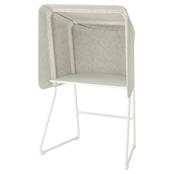 MITTZON privacy booth in light grey with sound-insulating felt, white metal legs, rectangular top, and functional hooks. Perfect for focused work.