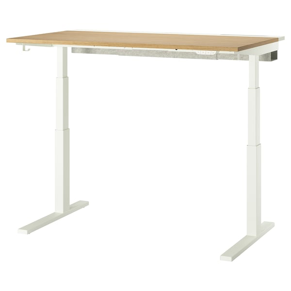 MITTZON desk, light brown top, white legs, height adjustable, rectangular design.