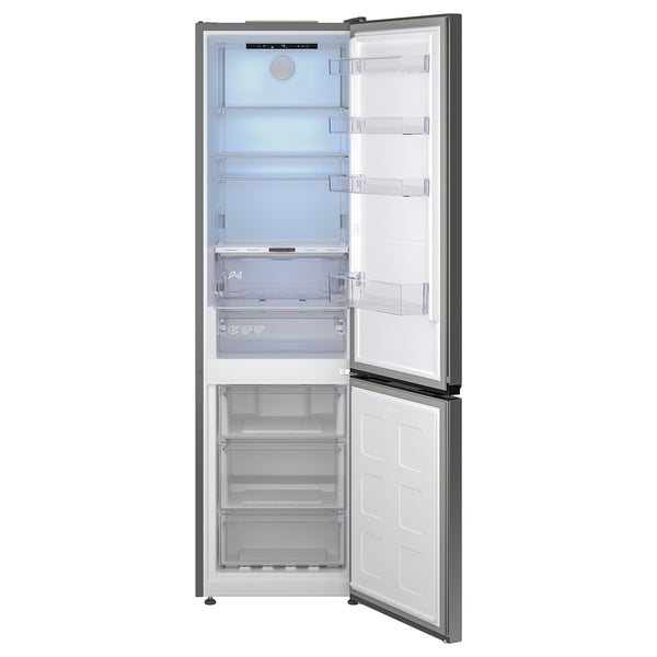 Refrigerator: MÖLNÅS - stainless steel, two-door, with glass shelves and led lighting.
