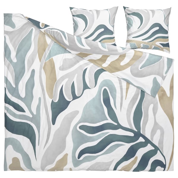 MYGGLASVINGE duvet set, green & white leaf pattern, soft cotton-blend.