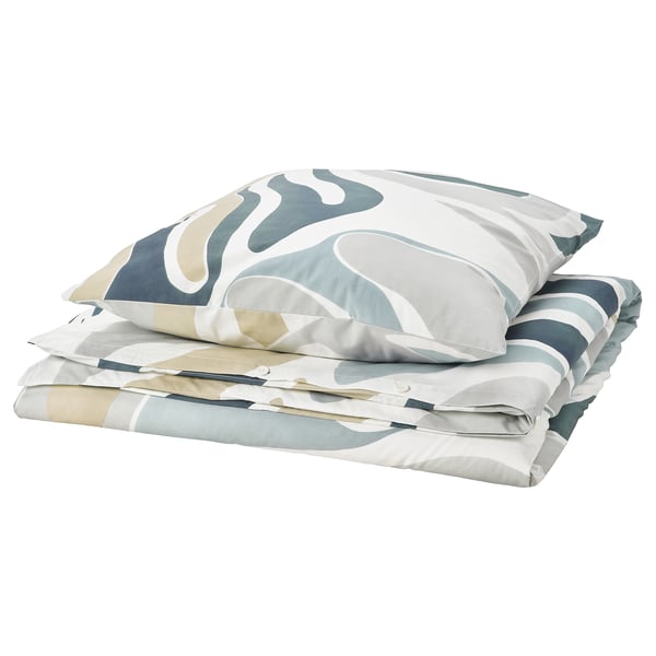 MYGGLASVINGE bedding set in white with teal leaf design, soft cotton-viscose, crisp percale weave.