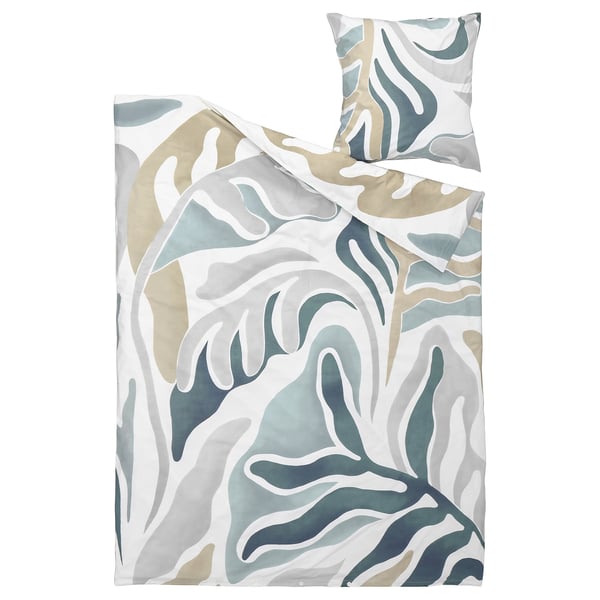 MYGGLASVINGE duvet set, white, blue, and beige leaf print, crisp, soft cotton-viscose blend.