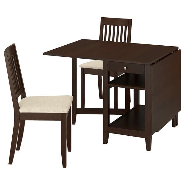 Brown wooden NÄSINGE dining set with drop-leaf table and cushioned chairs.