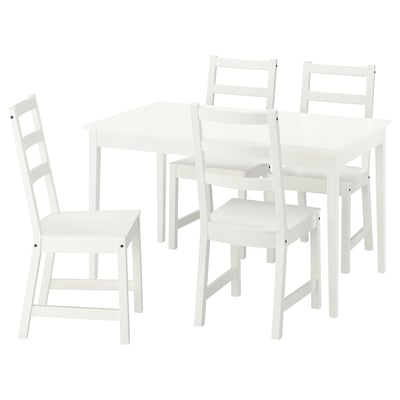 A white NÄSINGE dining set with a square table and four matching chairs. The table has an extendable leaf.