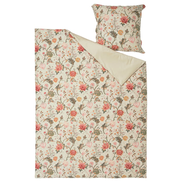NÄSSELKLOCKA bedding set, floral & solid grey-beige, cotton/viscose, rectangular with zip design.