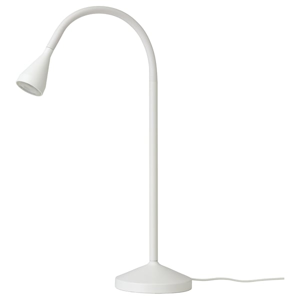 A white ikea NÄVLINGE lamp. It has a sleek, curved neck, a stable base, and a focused light source at the top.