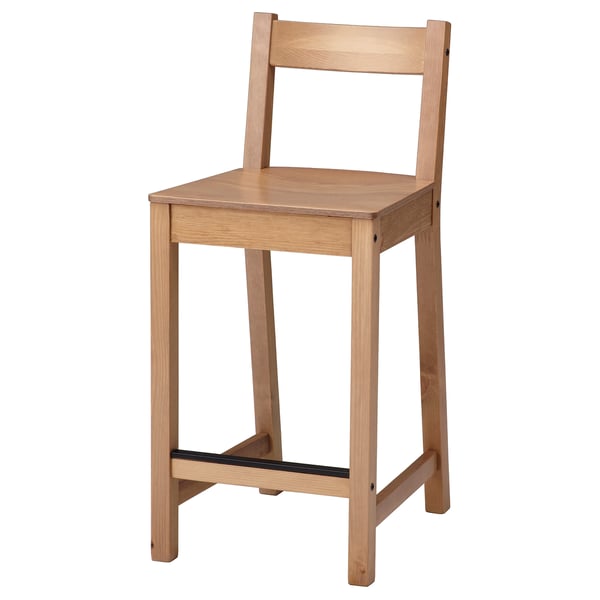 Displays the NORDVIKEN wooden counter-height stool in a natural finish, featuring a curved backrest and a contoured seat designed for comfort.