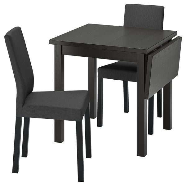NORDVIKEN black drop-leaf dining table with 2 chairs. Sleek, modern design in dark wood and fabric.