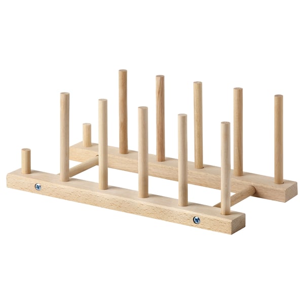 Nylockad wooden rack, natural. Organises dishes neatly. Crafted from solid beech, rectangular base, vertical pegs.