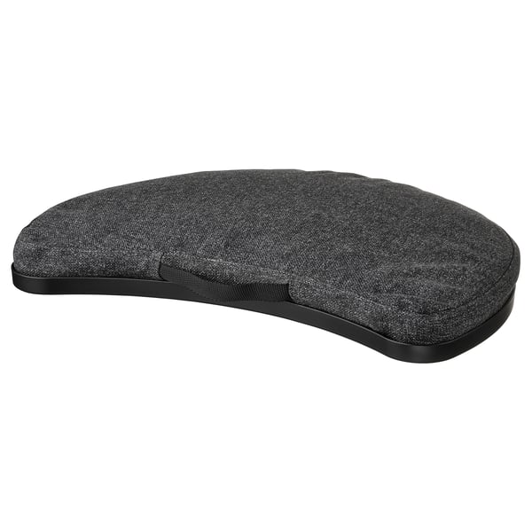 A black, semi-circular laptop support cushion with a removable cover and carrying handle.